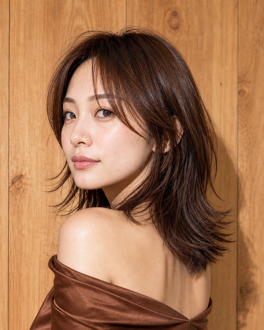 カッパーブラウンのミディアムウルフを斜め45度から見たAIヘアモデル