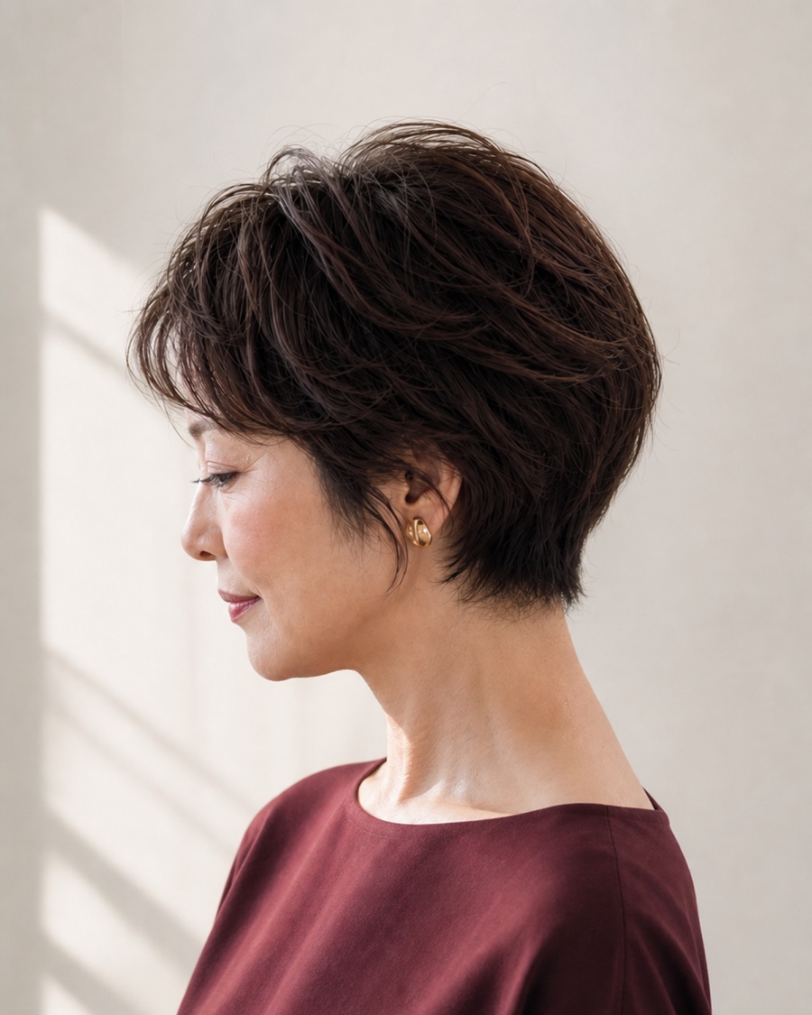 エレガントショートパーマを斜め45度から見たAIヘアモデル