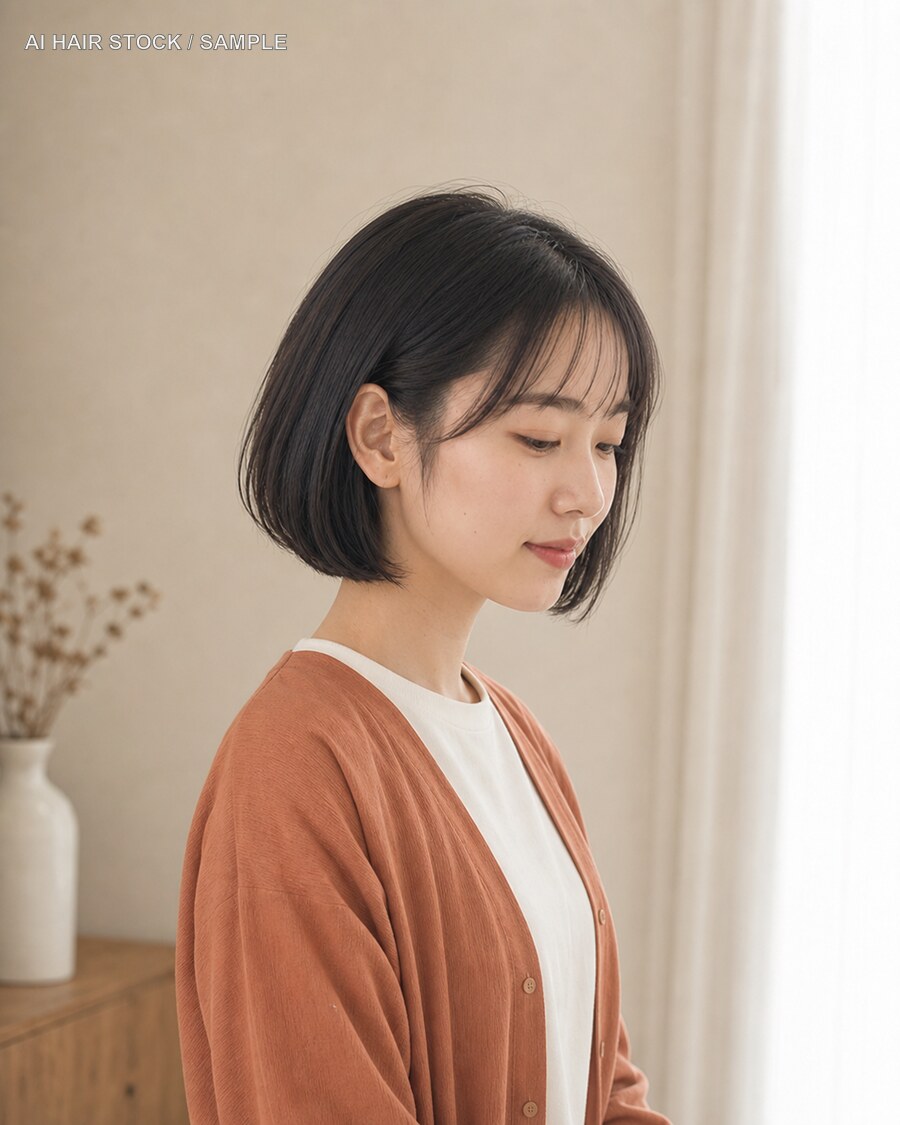フレンチボブを伏し目の横顔と余白で見せたAIヘアモデル