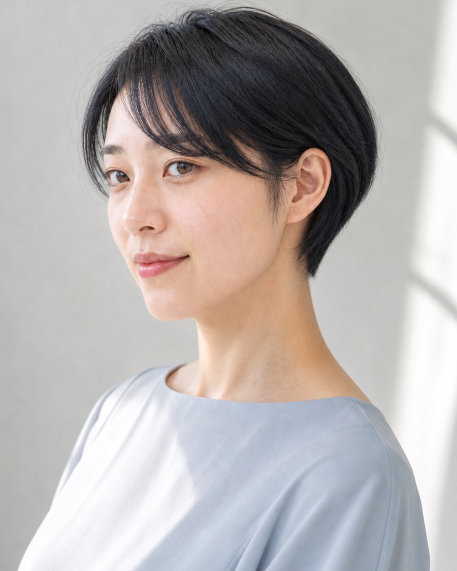 女性のハンサムショートを斜め45度から見たAIヘアモデル