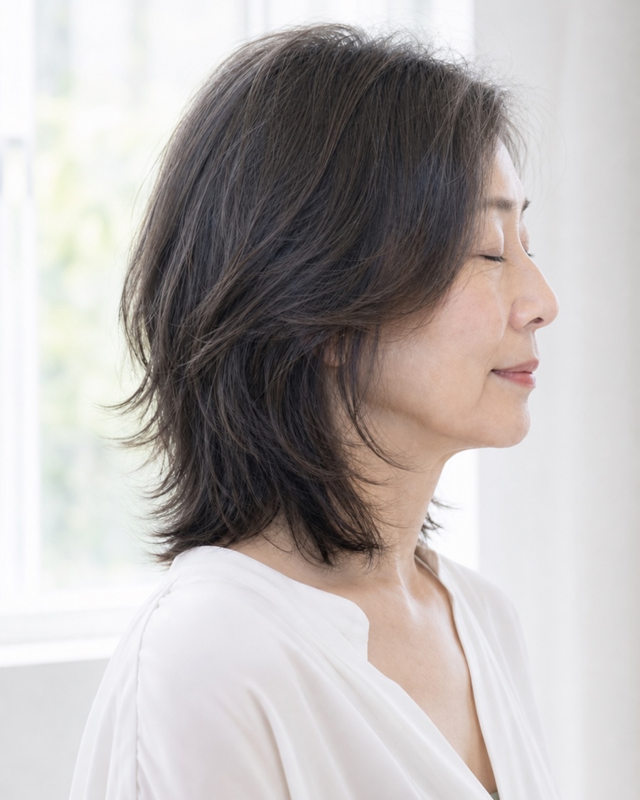 大人女性のグレイブレンドミディアムを斜め45度から見たAIヘアモデル