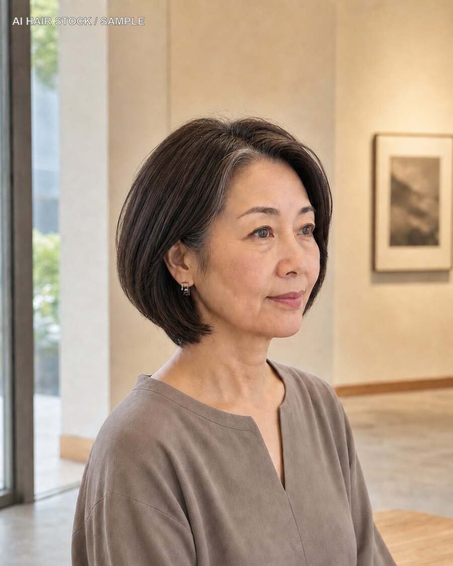 大人向け丸みボブを斜め45度から見たAIヘアモデル
