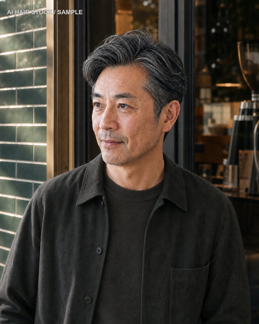 大人男性の白髪を活かしたショートを斜め45度から見たAIヘアモデル