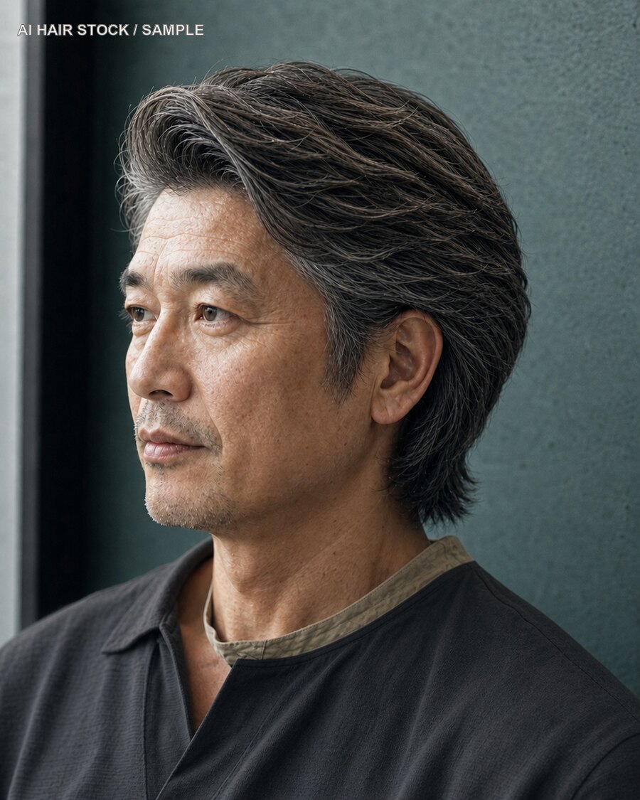 大人メンズの流しミディアムを斜め45度から見たAIヘアモデル