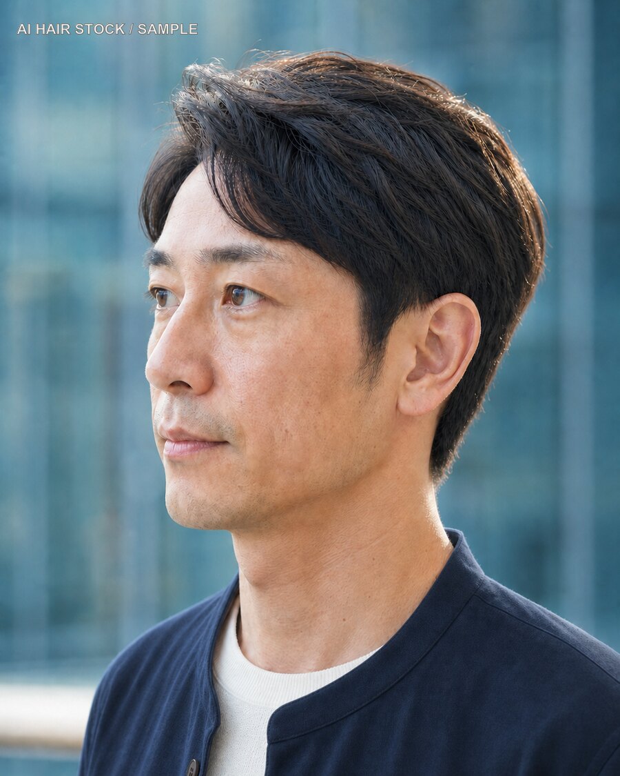メンズビジネスショートを斜め45度から見たAIヘアモデル
