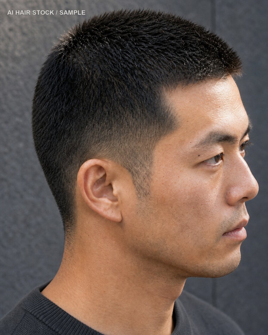 メンズベリーショートを斜め45度から見たAIヘアモデル