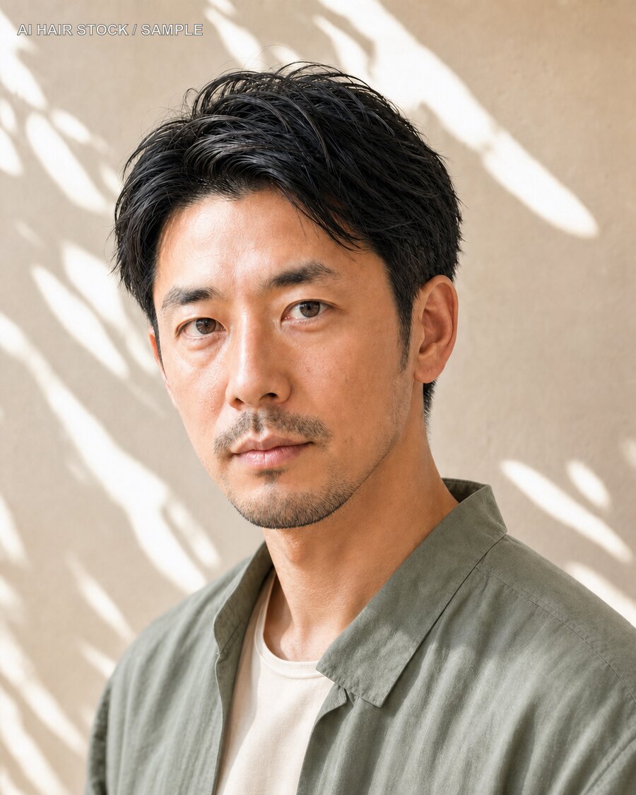 メンズクリーンアップショートを斜め45度から見たAIヘアモデル