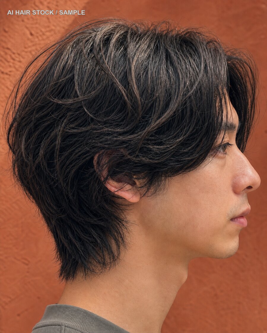 メンズゆるウェーブミディアムを斜め45度から見たAIヘアモデル