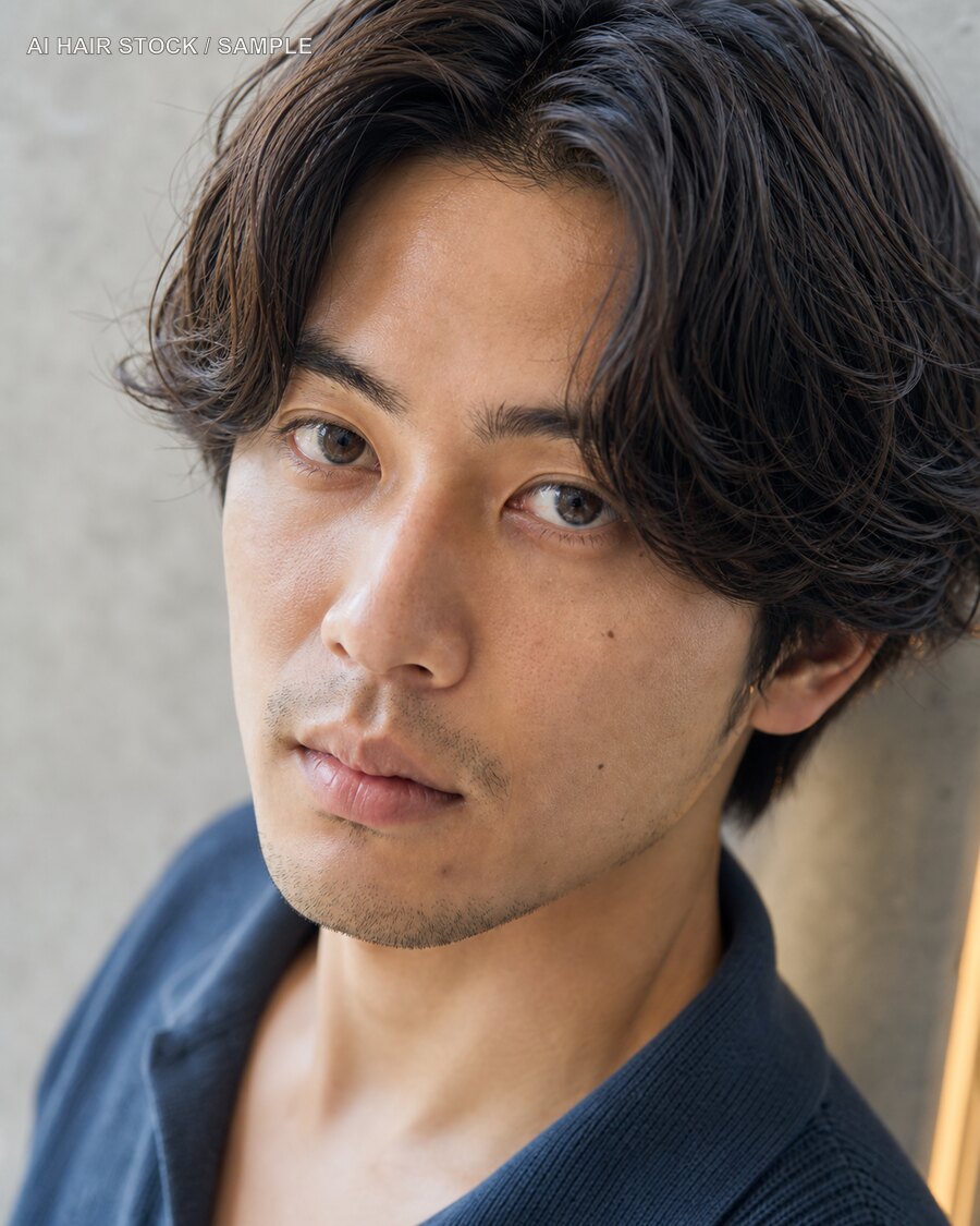メンズルーズウェーブパーマを斜め45度から見たAIヘアモデル