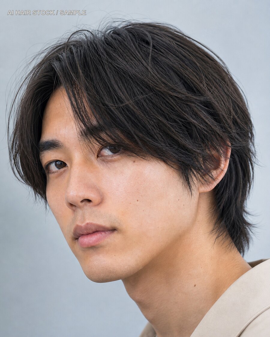 メンズミディアムレイヤーを斜め45度から見たAIヘアモデル