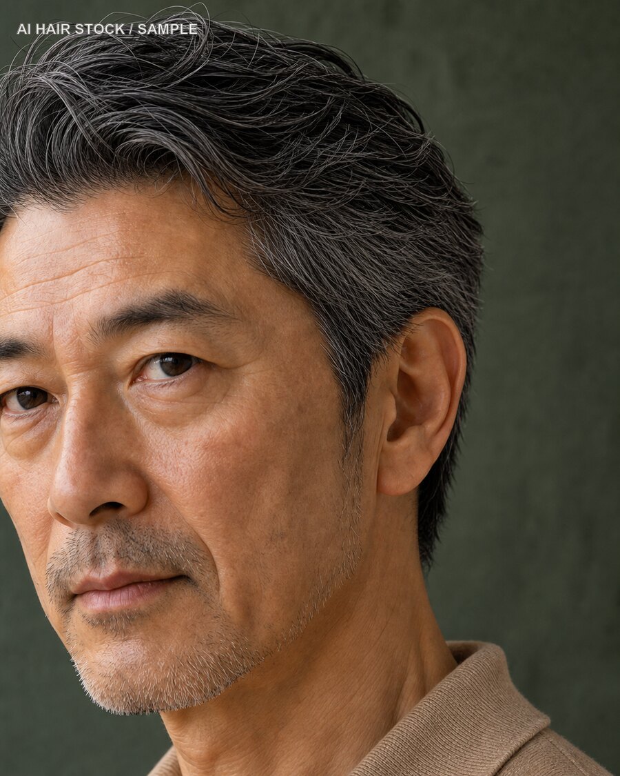 メンズソルト＆ペッパーショートを斜め45度から見たAIヘアモデル