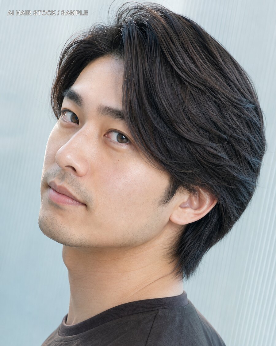 メンズサイドパートミディアムを斜め45度から見たAIヘアモデル