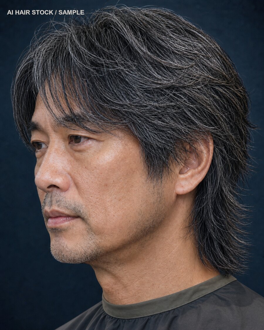 メンズシルバーウルフを斜め45度から見たAIヘアモデル