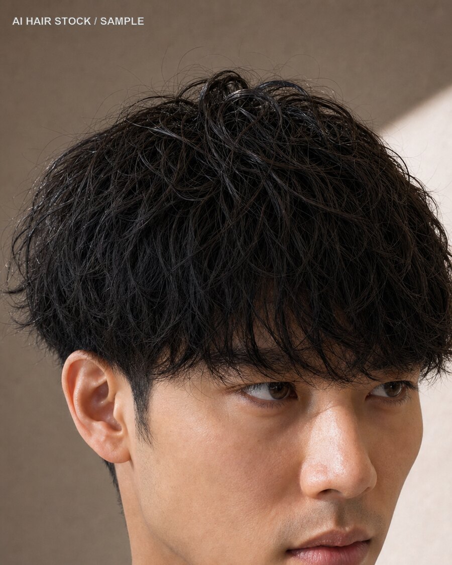 メンズのソフトスパイラルマッシュを斜め45度から見たAIヘアモデル