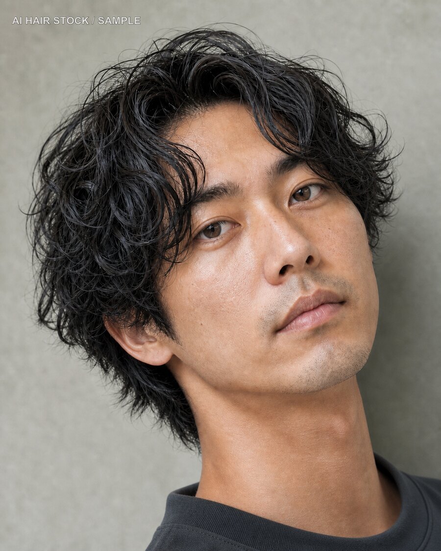 メンズスパイラルセンターパートを斜め45度から見たAIヘアモデル