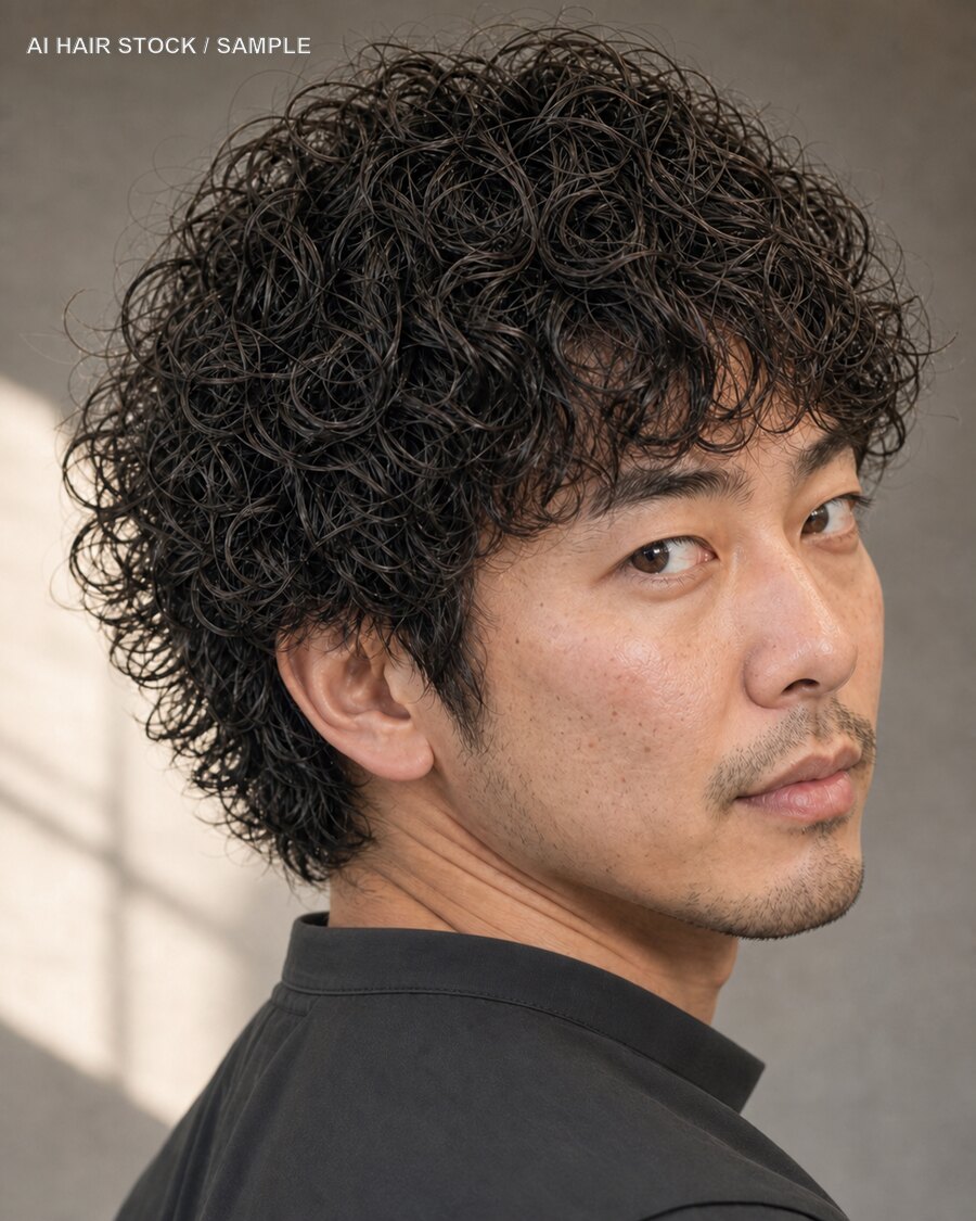 メンズタイトカールミディアムを斜め45度から見たAIヘアモデル