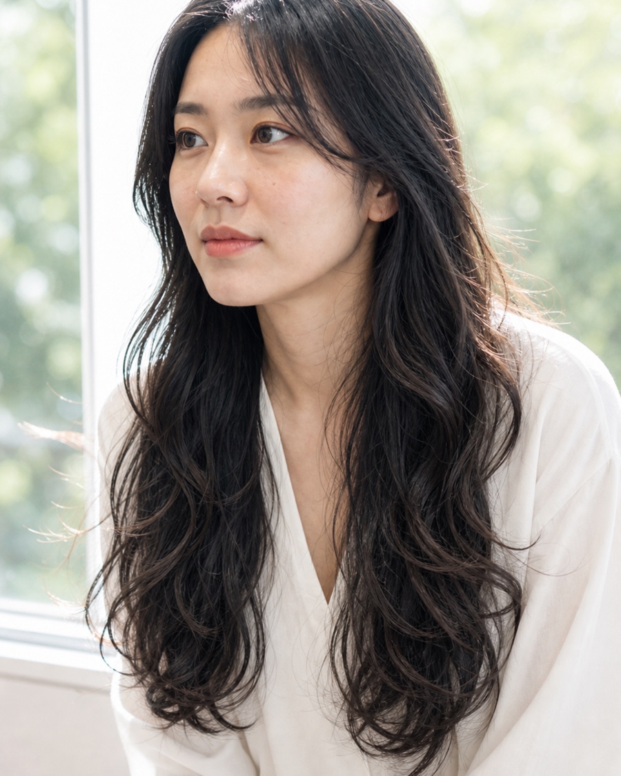 自然な黒髪ロングカールを斜め45度から見たAIヘアモデル