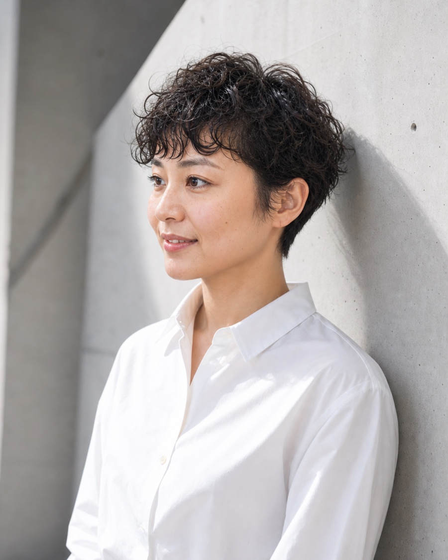 ナチュラルカールピクシーを斜め45度から見たAIヘアモデル