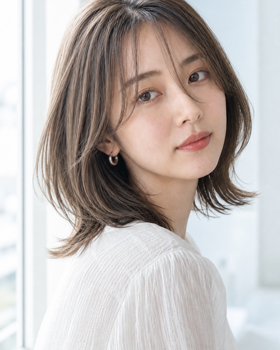 オリーブレイヤーロブを斜め45度から見たAIヘアモデル