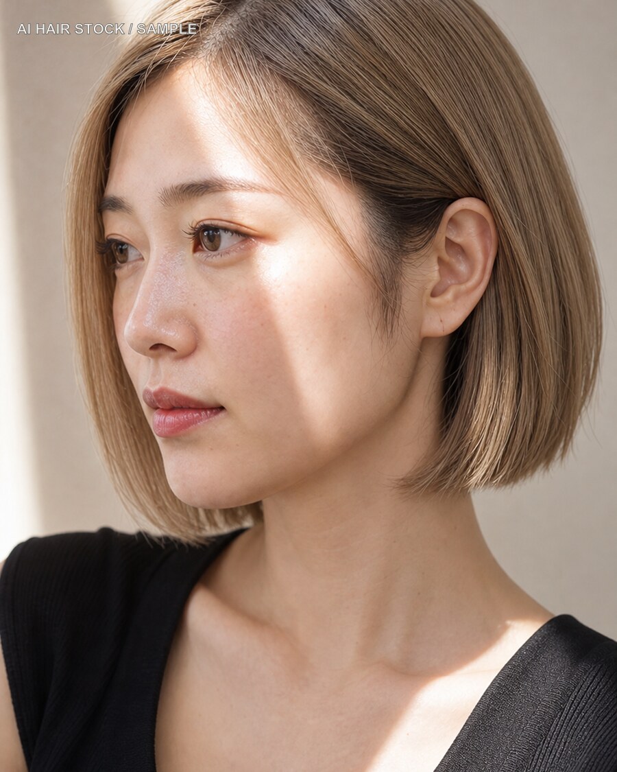 パールブロンドボブを日差しの入る横顔の寄りで見せたAIヘアモデル