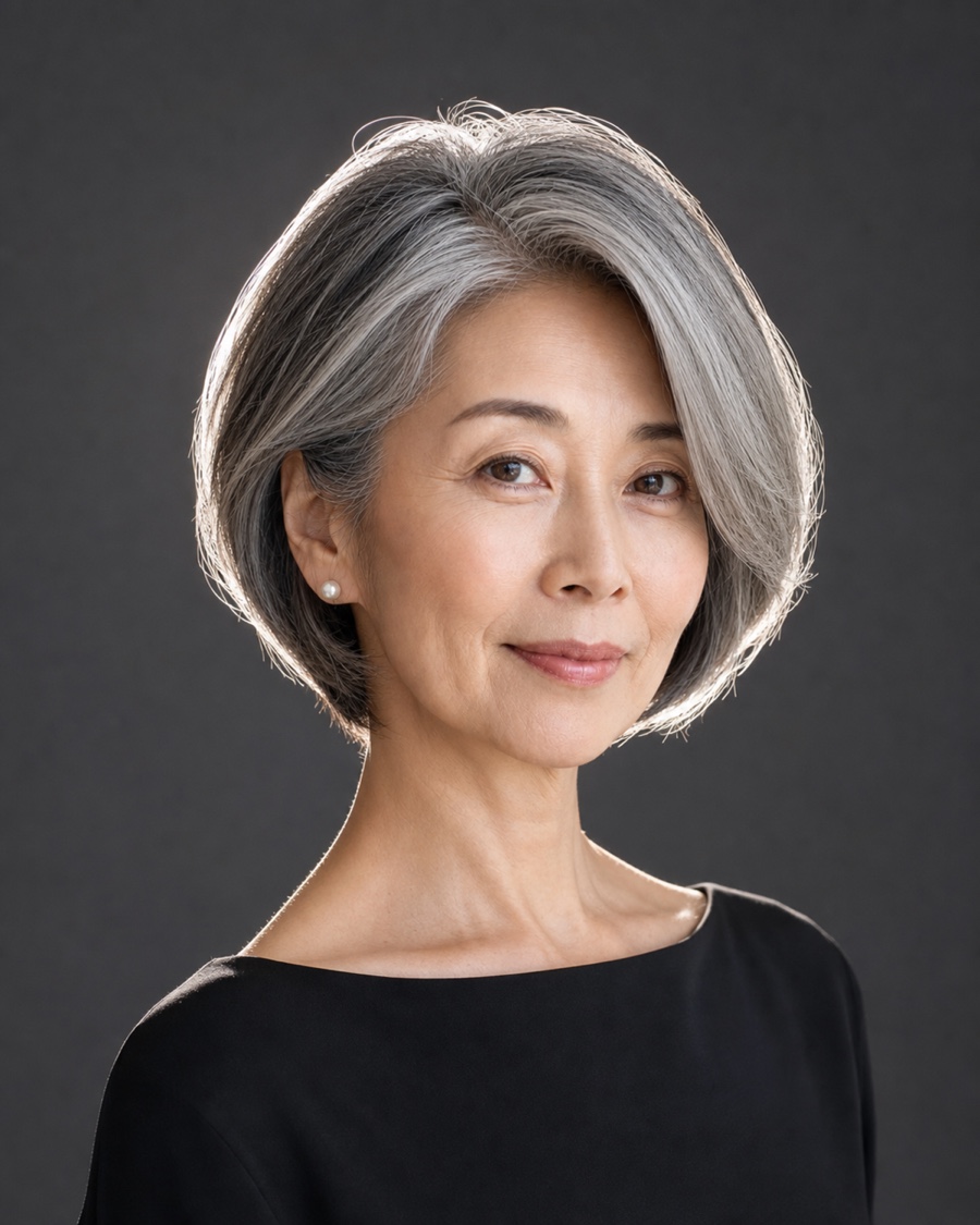パールグレーソフトボブを斜め45度から見たAIヘアモデル