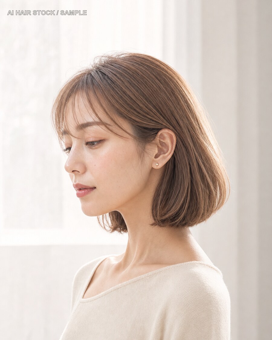 ローズベージュフレンチロブを伏し目の横顔で見せたAIヘアモデル