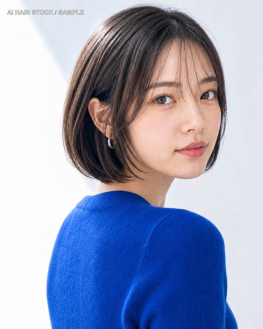シースルーボブを振り向き構図で見せたAIヘアモデル