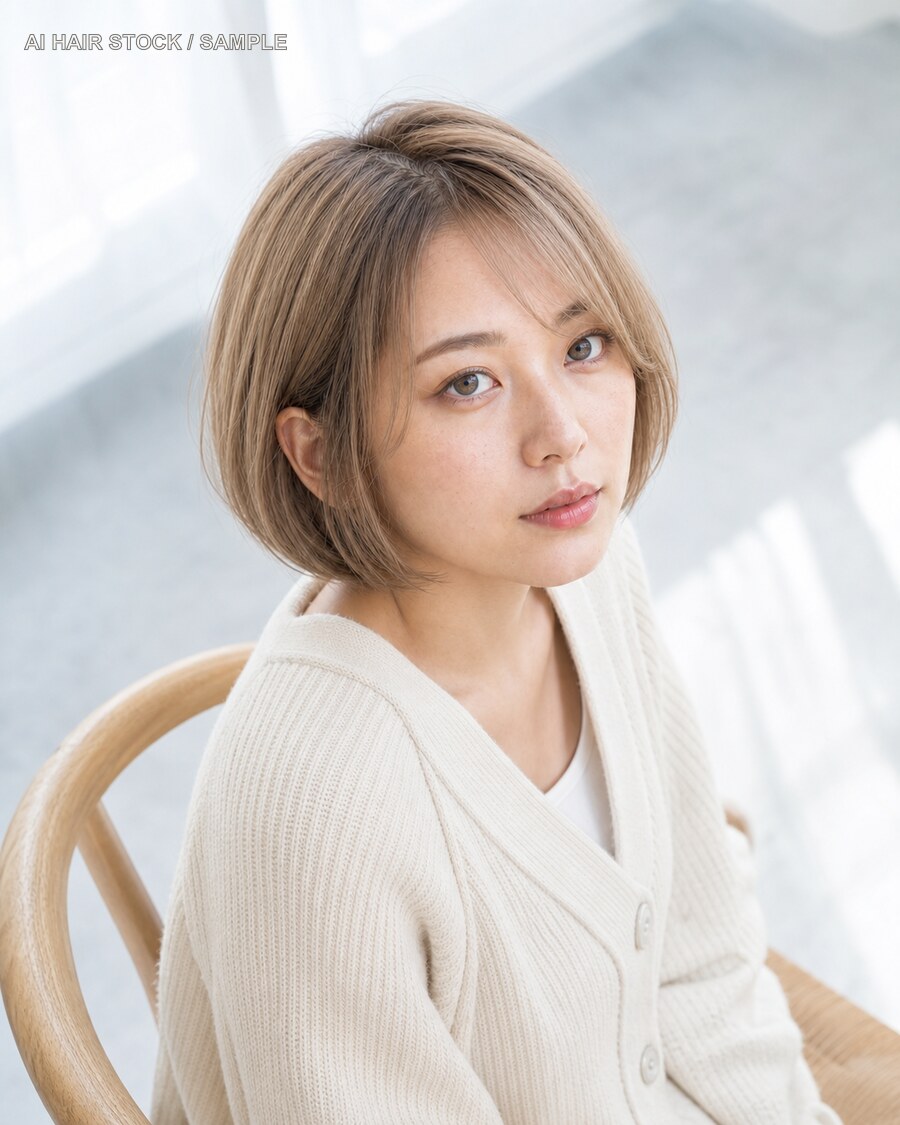 シアーベージュボブを俯瞰の座り姿で見せたAIヘアモデル