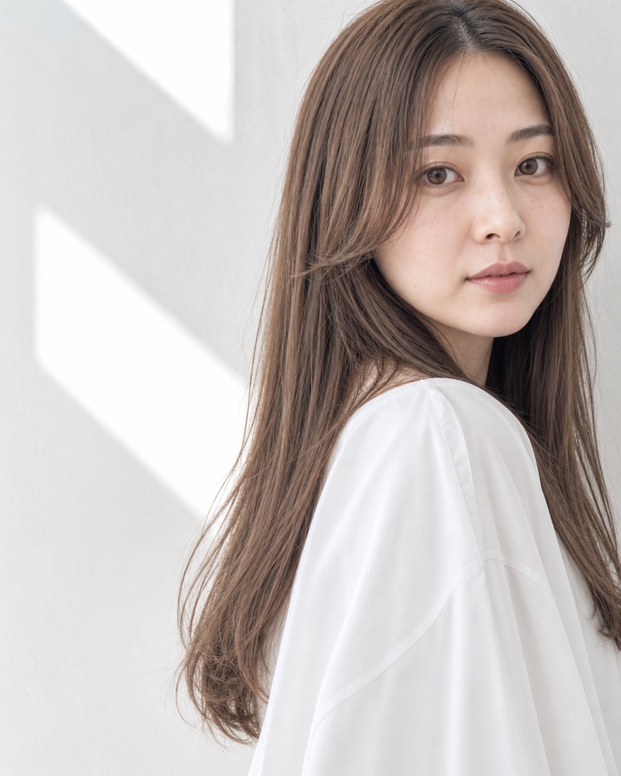 スモーキーベージュのロングレイヤーを斜め45度から見たAIヘアモデル