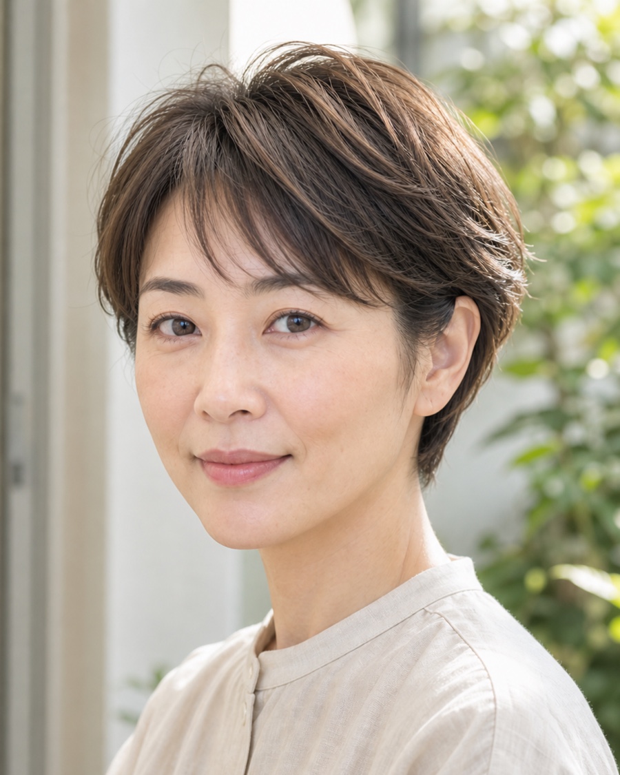 女性のソフトフェザーショートを斜め45度から見たAIヘアモデル