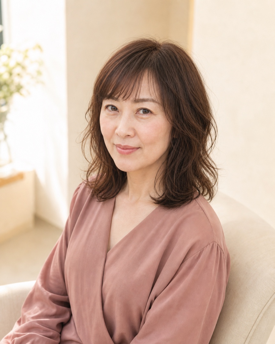 柔らかパーマミディアムを斜め45度から見たAIヘアモデル