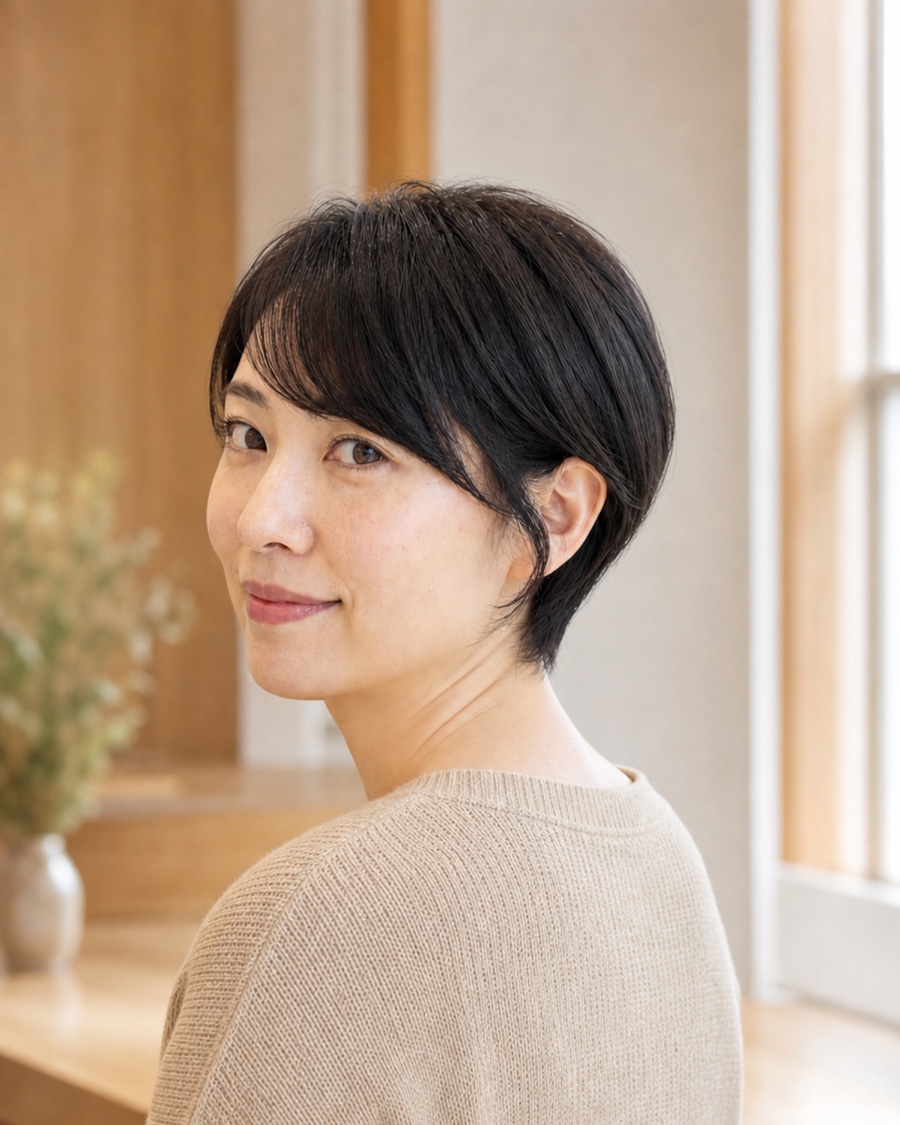 女性の丸みショートを斜め45度から見たAIヘアモデル