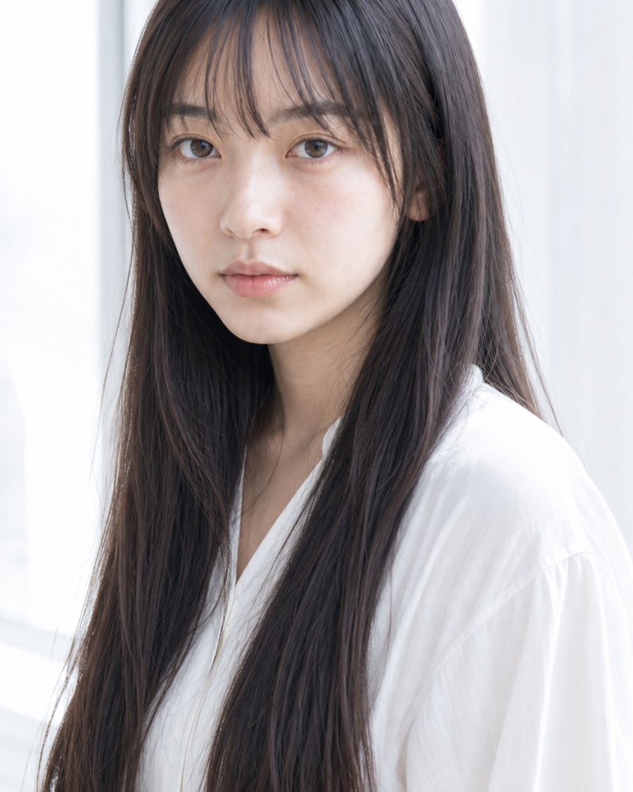 前髪ありストレートロングを斜め45度から見たAIヘアモデル